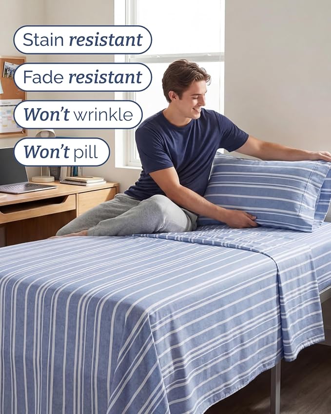 Twin XL Size 3 Piece Sheet Set - Comfy Breathable & Cooling Sheets - Hotel Luxury Bed Sheets for Women & Men - Deep Pockets, Easy-Fit, Soft & Wrinkle Free Sheets - Blue Stripes Oeko-Tex Bed Sheet Set