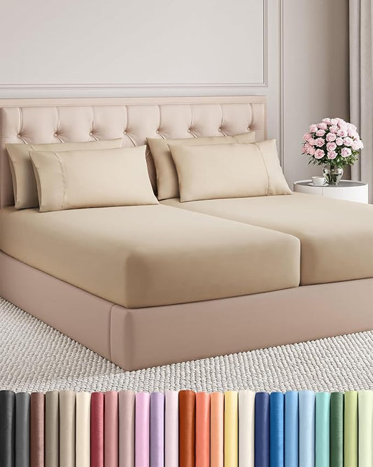Split King 7 Piece Sheet Set - Comfy Breathable & Cooling - Hotel Luxury Bedding for Women, Men, Kids, Teens & Children - 1 Flat & 2 Fitted Sheets & 4 Pillowcases w/ Deep Pockets, Wrinkle Free - Cream