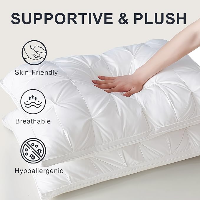 Support Bed Pillow Queen Size Set of 2 – Super Soft Down-Alternative Filling with Cotton Cover, Hotel Quality for Side Sleepers, Breathable & Oeko-TEX Certified
