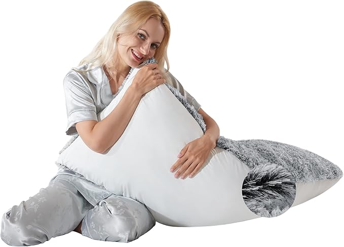 Fluffy Silk Full Body Pillow for Adults 20x54 Satin Body Pillow Cover Pillowcase with Memory Foam for Bed Grey Pregnancy Cuddle Snuggles Body Pillows for Sleeping Side Sleeper Pillows for Adults