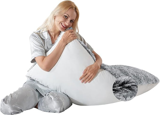 Fluffy Silk Full Body Pillow for Adults 20x54 Satin Body Pillow Cover Pillowcase with Memory Foam for Bed Grey Pregnancy Cuddle Snuggles Body Pillows for Sleeping Side Sleeper Pillows for Adults