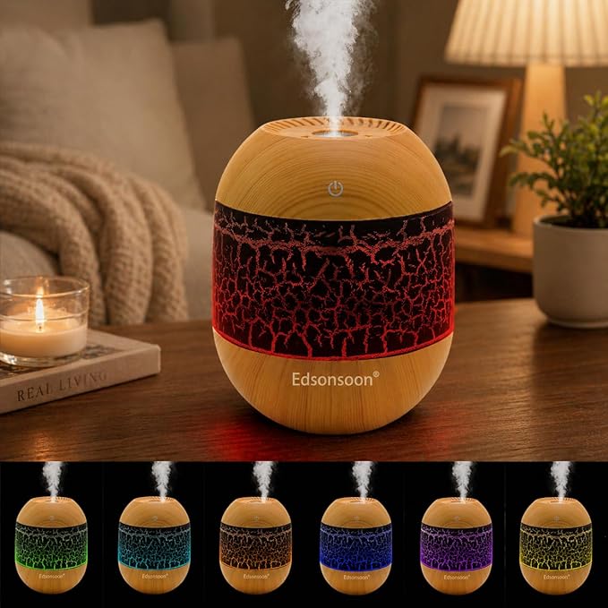Essential Oil Diffuser for Home, Ultrasonic Aroma Diffuser with Volcano LED Light, Wood Grain Mini USB Cool Mist Humidifier, Quiet Aromatherapy for Bedroom & Office (Black)