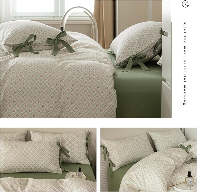mixinni Red Floral Duvet Cover Set Twin XL Size - 100% Cotton Green Grid Bedding with Bow Ties, 3PC Cottagecore Comforter Cover (1 Duvet Cover + 2 Pillowcases) Vintage Garden Style Soft Aesthetic