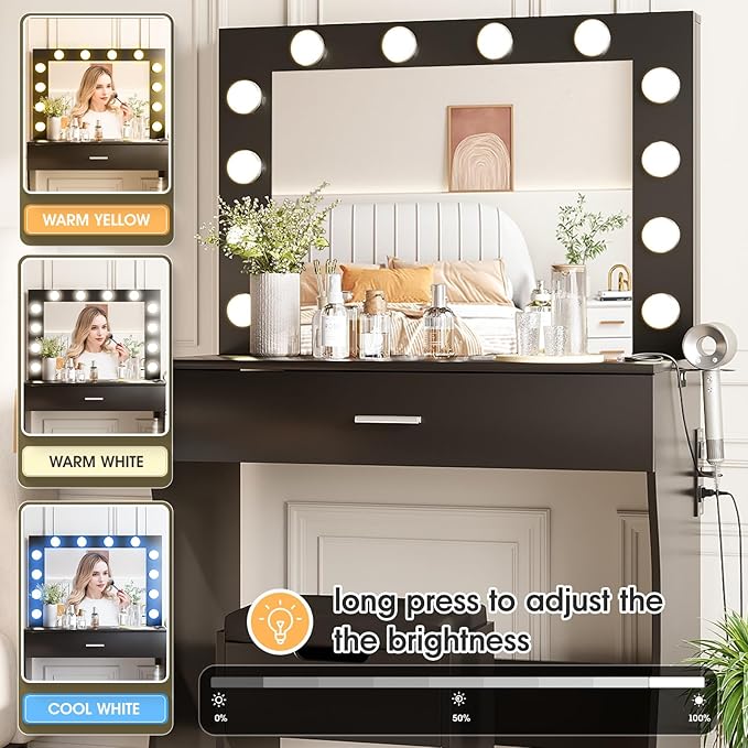Vabches Vanity Table Set with 12 Light Bulbs, Makeup Dressing Table with Big Drawer & Mirror, Dresser Desk for Bedroom, Living Room Black