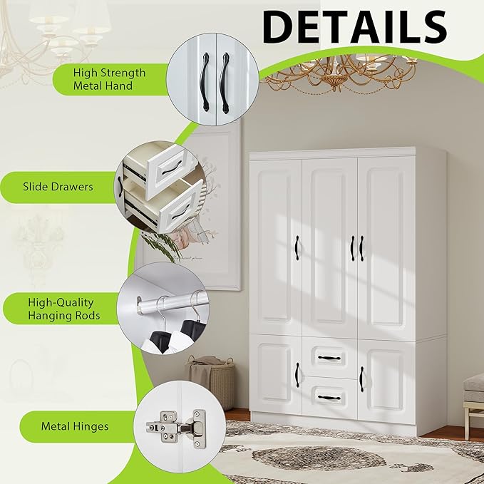 Armoire Wardrobe Closet 3 Door: Wooden White Bedroom Armoire Storage Cabinet for Large Capacity Armoire and Wardrobe Closet Wood with 2 Drawers Hanging Rail Shelves