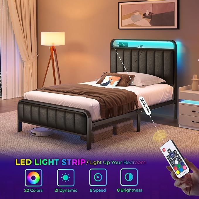 Rolanstar Twin Size Bed Frame with LED Light and Charging Station, Upholstered Headboard and Footboard, Metal Slat, Noise Free, Easy Assembly, Black