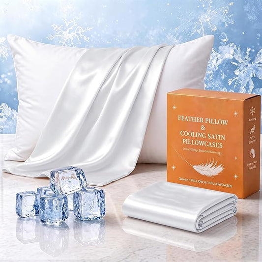 BHZ White Satin Goose Down Feather Pillows Queen Size with Pillowcase for Hair and Skin, Cooling Pillow Cases Similar to Silk Pillow Cases, Decorative for Women, Mom Men
