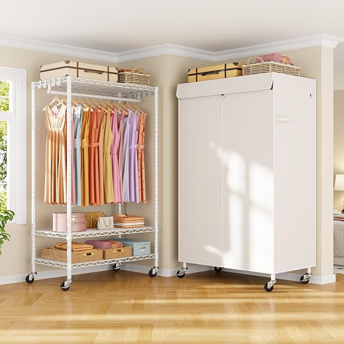 ULIFHOME P6C Rolling Clothes Rack with Cover, Covered Clothing Racks Heavy Duty, Portable Closet for Hanging Clothes, Garment Racks on Wheels, White Closet Rack with White Cover, Max Load 365LBS