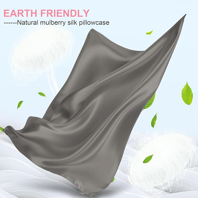 Silk Pillow Cases Standard Size with Hidden Zipper, Mulberry Silk Pillowcase for Hair and Skin, Smooth and Soft Breathable Cooling Silk Satin Pillow Covers for Sleeping, Gifts for Women, Dark Grey