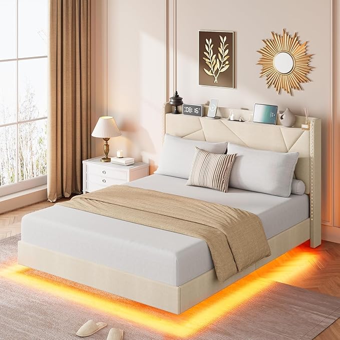 Garvee Queen Size Floating Bed Frame with RGB LED Lights and Charging Station, Upholstered Platform Bed with Storage Headboard and Button Tufted Design, No Box Spring Needed, Beige