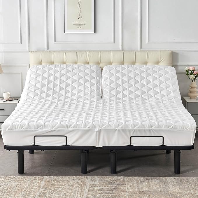 Kingnex Waterproof Quilted Split Top King Mattress Protector Pad for Adjustable Bed with Upper Flex 28-30 from Head Soft Padded Topper Noiseless Fitted Cover