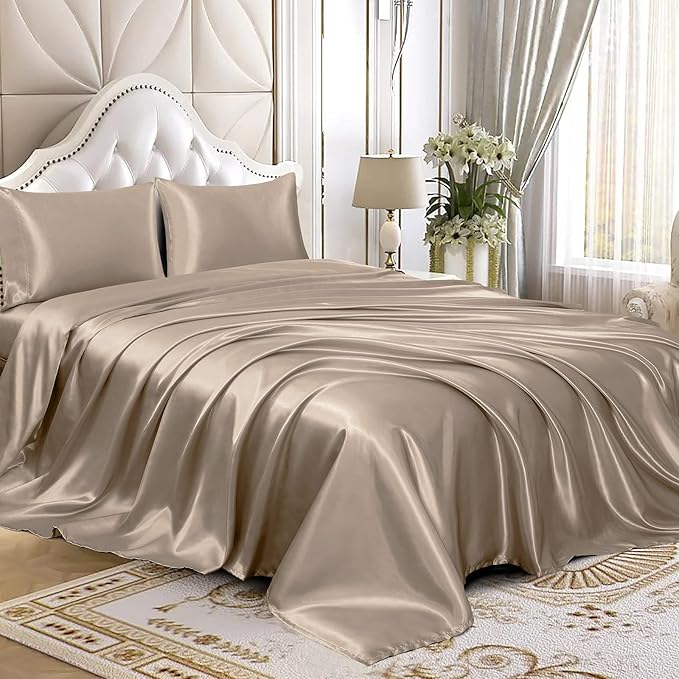 Homiest 4pcs Satin Sheets Set Luxury Silky Satin Bedding Set with Deep Pocket, 1 Fitted Sheet + 1 Flat Sheet + 2 Pillowcases (Full Size, Taupe)