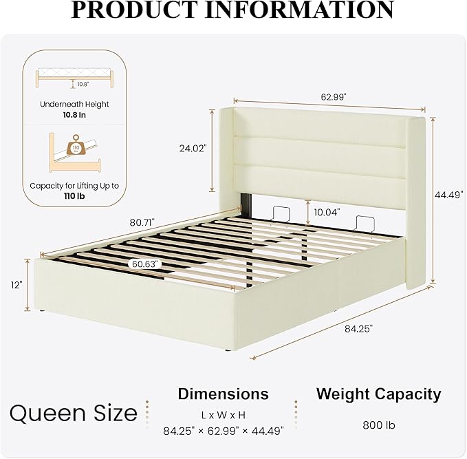 SHA CERLIN Queen Size Lift Up Storage Bed/Chenille Fabric Upholstered/Modern Wingback Headboard/Platform Bed Frame/Hydraulic Storage/No Box Spring Needed/Wood Slats Support/Cream