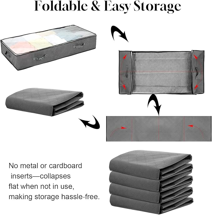 4 Pack 90L Under Bed Storage Containers – Foldable Closet Organizers with Clear PVC Window, Large Underbed Storage Bins for Blankets, Clothes, Shoes, Wrapping Paper (Grey, 39” x 20” x 7”)