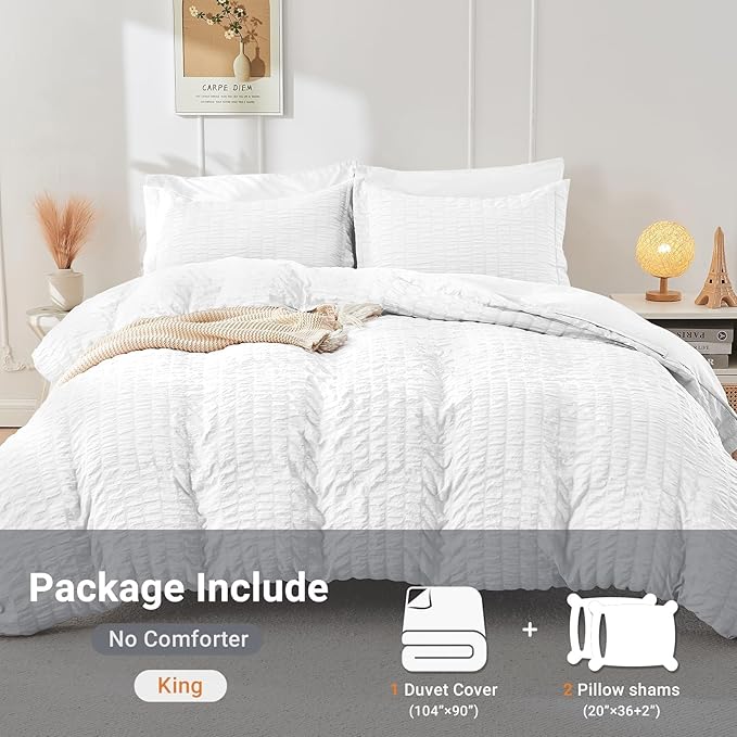 HYMOKEGE White Duvet Cover King Size, Ultra Soft 3-Piece Seersucker Duvet Cover Set with Zipper Closure, Soft Brushed Microfiber Bedding Set with 8 Corner Ties (104"x90", 2 Pillowshams)