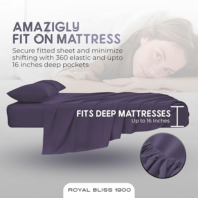 Top Split Flex Head King Size Sheet Set - Egyptian Quality Ultra-Soft Bed Sheets | Double Brushed | Deep Pockets- Easy Fit - 4 Piece Set- Fade Resistant (Plum)