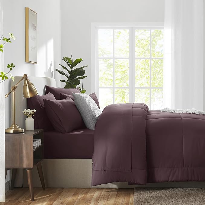 CozyLux Full Size Comforter Set Cocoa Powder, 7 Pieces Bed in a Bag, Brown Comforter Full Size, All Season Bedding Sets with Stitch Quilted Comforter, Flat Sheet, Fitted Sheet, Pillowcases
