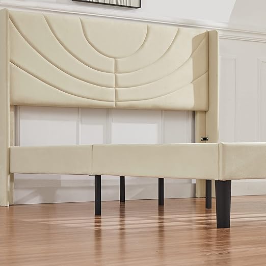 VECELO Upholstered Platform Full Bed Frame with Fabric Headboard,Wooden Slats Support/No Box Spring Needed/Mattress Foundation,Beige