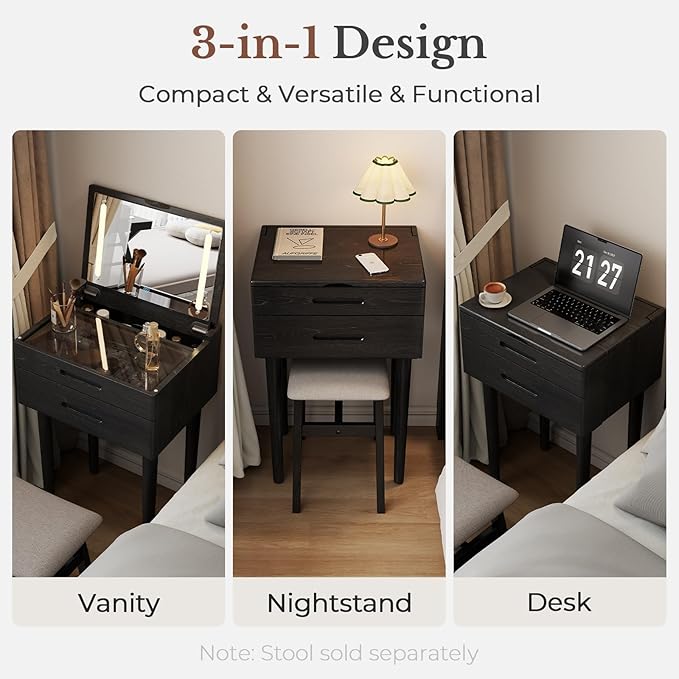 Muwuele Solid Wood Small Vanity Desk with Mirror and Lights, Narrow Makeup Vanity for Small Space, Flip Top Vanity Side Table, 3 Color Modes & Adjustable Brightness, 19.6" Slim Dressing Table, Black