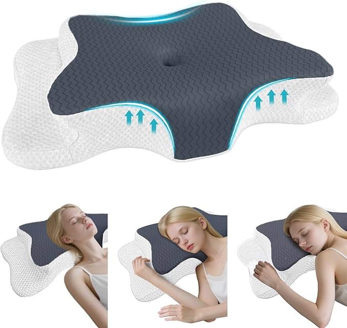 CHxxy Cervical Pillow for Neck Pain Relief, Memory Foam Pillows, Ergonomic Contour Bed Pillow, Soft for Side Sleep Stomach Sleeping and Back Sleepers-Queen Size Dark Grey&White
