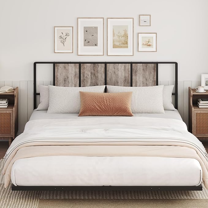 MAHANCRIS Queen Size Headboard Only, Metal Headboard with Adapters, Minimalist Industrial Style for Queen Size Beds, Greige