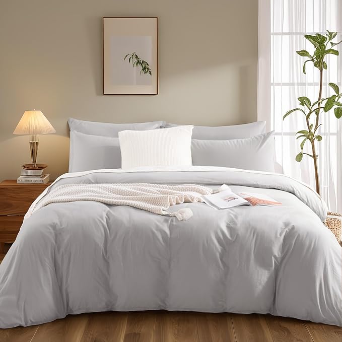 NEXHOME PRO Duvet Cover Set Kids Twin Size Linen Feel Textured Organic Natural 100% Washed Cotton Duvet Cover 2 Pieces Bedding Set with Zipper Closure, Breathable, Soft, Light Grey (No Comforter)