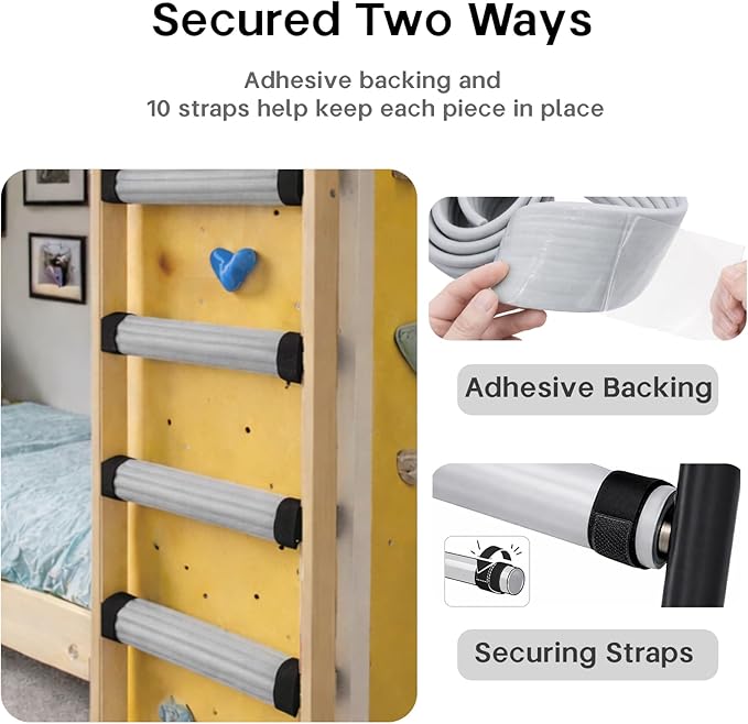 Bunk Bed Ladder Pads 6.5 Ft with 10 Adjustable Straps, Soft Foam Ladder Cover for Loft Bed, Cushioned Step Pads for Comfortable Climbing, Secure Fit, Gray