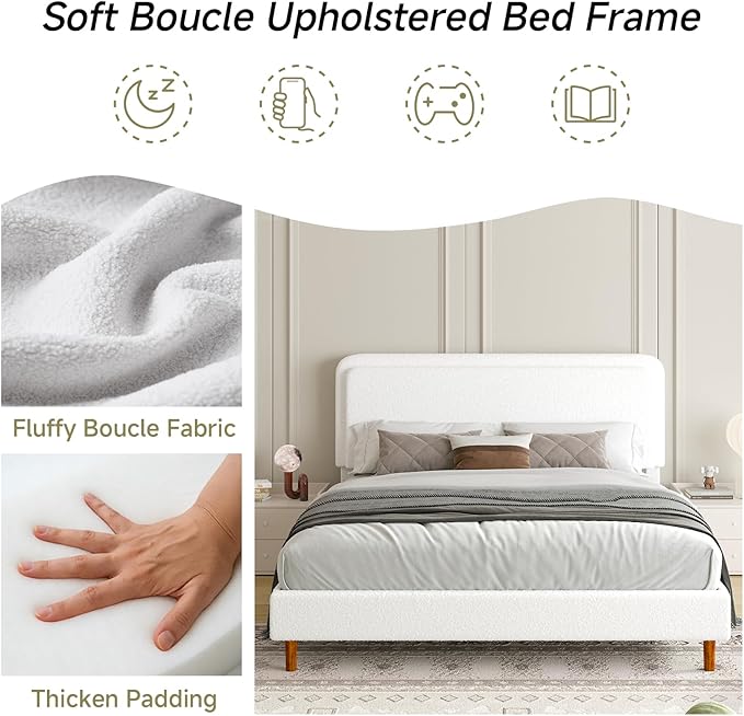 Queen Size Boucle Platform Bed Frame with Adjustable Headboard, Upholstered Cloud Bed, Solid Wooden Legs, Easy Assembly, No Box Spring Needed, White