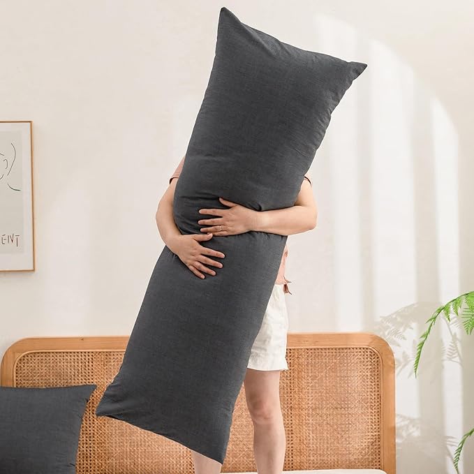 BESTOUCH 100% Washed Cotton Pillowcase for Hair and Skin Linen Feel Soft Comfortable Breathable 1 Pcs Pillow Case with Envelope Closure Solid Dark Black Body 20x54 Inches