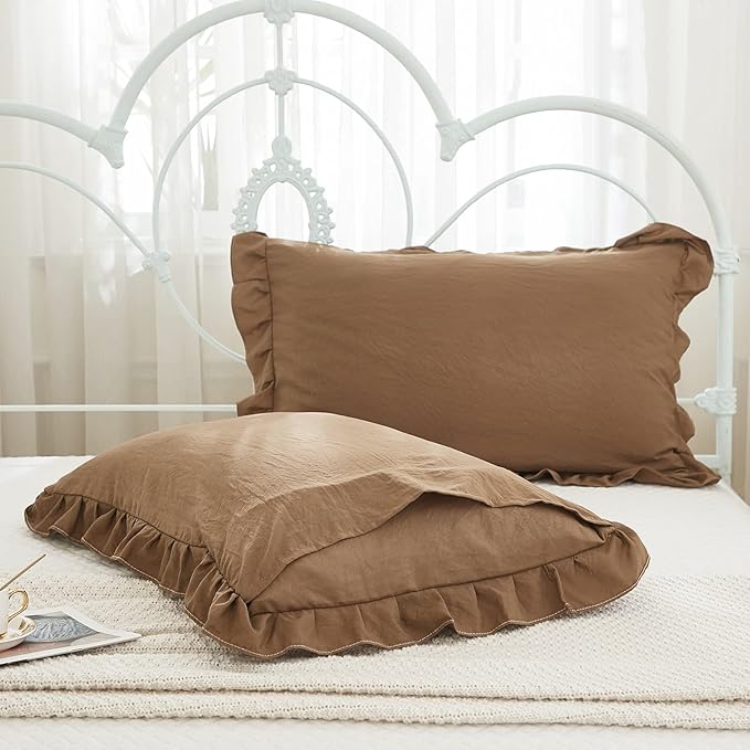 Brown Pillow Shams Coffee Brown Ruffle Queen Pillowcases Cute Pillow Cover Set of 2 Shabby Chic Soft Pillowcases 2 Pack (Queen (20''x30'')