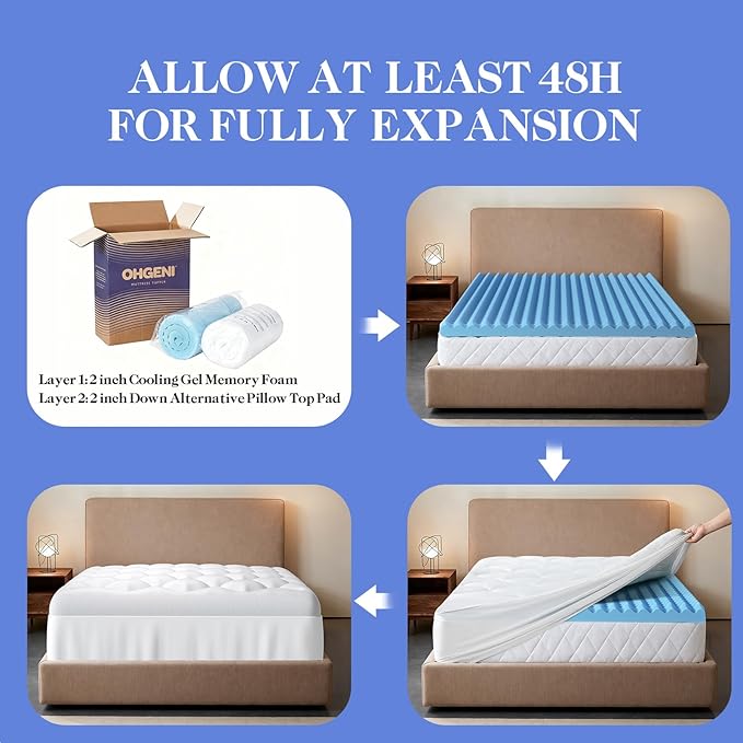 OhGeni Cooling 5 Inch Twin XL Dual Layer Mattress Topper, 3 Inch Egg Crate Gel Memory Foam, 2 Inch Pillow Top Pad, College Dorm Essentials Bedroom Mattresses Cover, Sleep Comfort and Back Pain Relief
