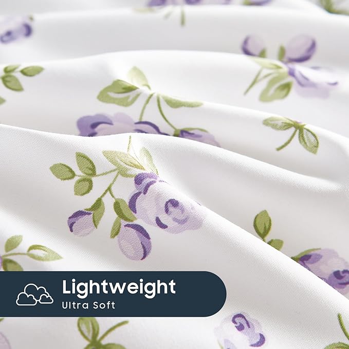 Wake In Cloud - Coquette Duvet Cover Set, Floral Cottagecore Flower Shabby Chic Cute Aesthetic, Soft Lightweight Bedding for Women Teen Girls, 3-Piece, White Purple, Twin/Twin XL Size