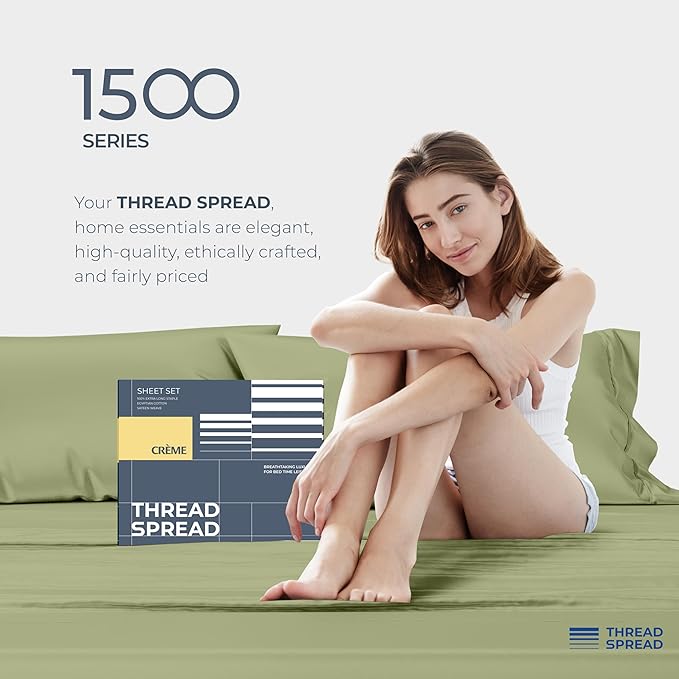 THREAD SPREAD 100% Egyptian Cotton King Size Sheets Set - Luxury 1500 Series Egyptian Cotton Sheets King Size (4 PC, Sage Green), Silky Soft, Sateen, Cooling & Breathable, 17" Deep Pocket Bed Set