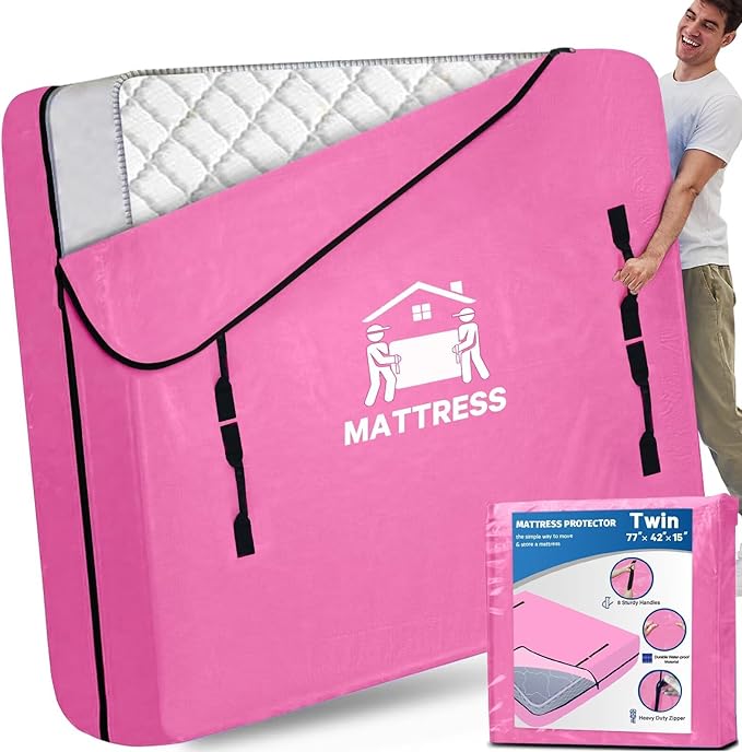 Mattress Bags for Moving, BETU Mattress Protector Waterproof Mattress Cover Storage Bags with 8 Heavy-Duty Handles and Zipper for Bed Extra Thick Large Reusable,77"x42"x15",Pink