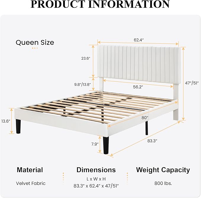 SHA CERLIN Queen Upholstered Platform Bed Frame with Vertical Channel Tufted Velvet Fabric Adjustable Headboard, Wooden Slats Support, Mattress Foundation, Box Spring Optional, White