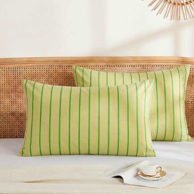 Merryword 100% Cotton Pillow Cases, Queen Size Pillowcases, Khaki & Green Striped Pillowcases,Luxury Linen Like Pillowcase, Soft Breathable Track Stripes Pillow Covers, Set of 2