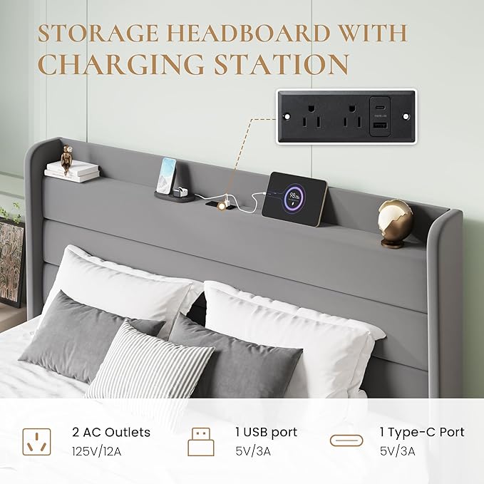 SHA CERLIN King Size Bed Frame with Charging Station, Velvet Upholstered Platform Bed, Wingback Storage Headboard, Type-C & USB Ports, Strong Wooden Slats, No Box Spring Needed, Easy Assembly, Grey
