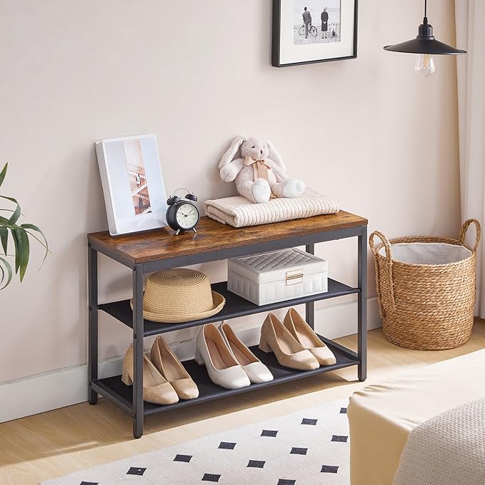 HOOBRO Shoe Bench, 3-Tier Shoe Rack Bench with Oxford Fabric Shelves, 29.5" L Industrial Shoe Storage Organizer for Hallway, Living Room, Holds Up to 300 lb, Space-Saving, Rustic Brown BF77HX01