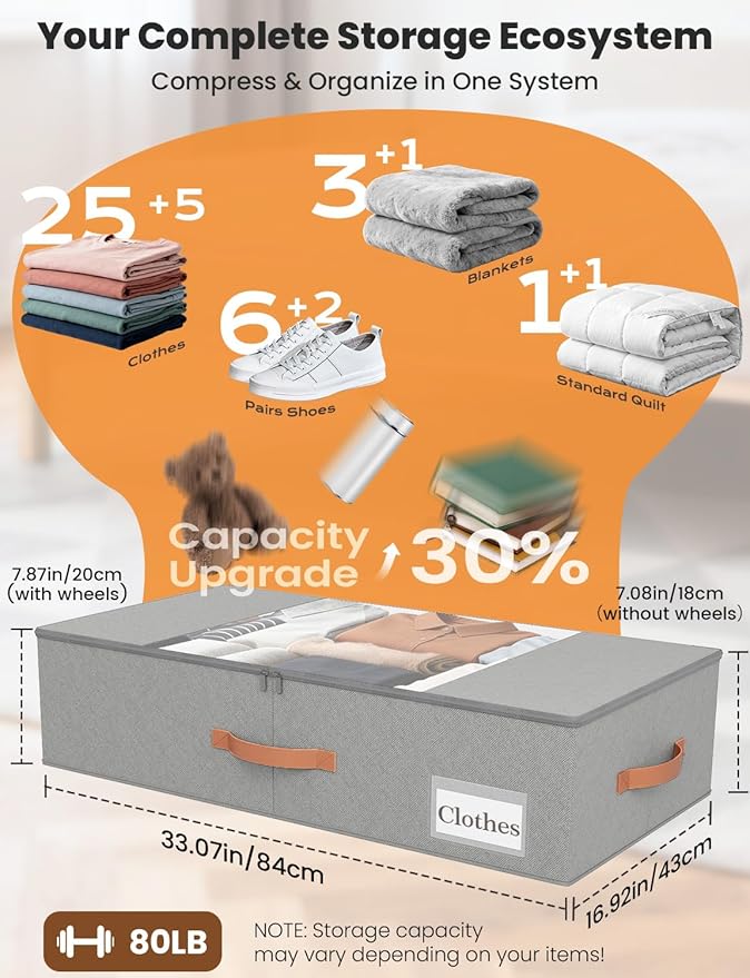 TOSKING 2-Pack Under Bed Storage Drawers with Wheels, 6 Vacuum Bags, 7.9" Height, Large 65L/80 lbs Clear Lid Rolling Bin, 900D Oxford, Space Saver for Dorm Bedroom, Blankets, Clothes, Shoes, Gray