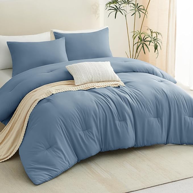 CozyLux Twin Comforter Set Grayish Blue, 2 Pieces Twin Extra Long Solid Breathable Bedding Set for College Dorm, Twin XL Dusty Blue Luxury Soft Bed Set with Down Alternative Comforter and 1 Pillowcase