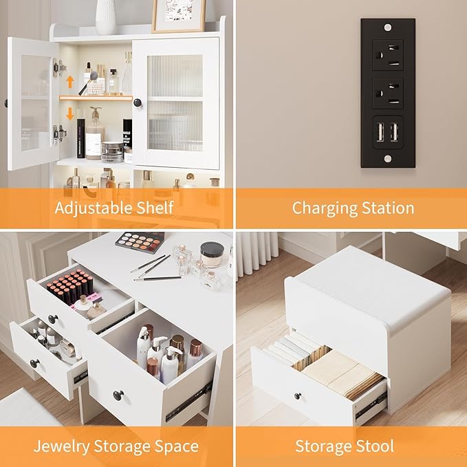 3-in-1 Make Up Vanity Desk with Mirror & Lights, Compact Vanity Table with Drawers, Storage Compartment and Rolling Stool, Modern Small Makeup Vanity and Storage Chair for Bedroom, Powder Room