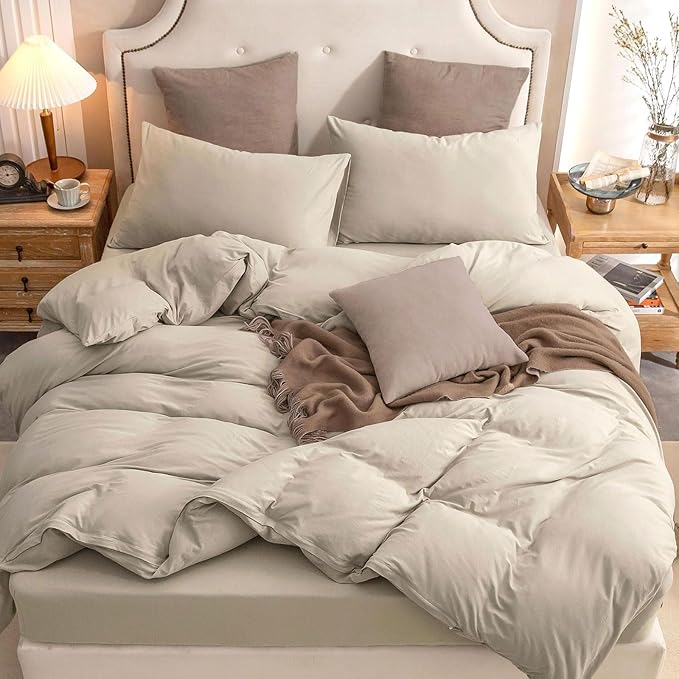 PURE ERA Jersey Knit Duvet Cover Set 100% T-Shirt Cotton Super Soft Comfy 3pc Bedding Set with Zipper Closure (Solid Dark Beige, Queen)