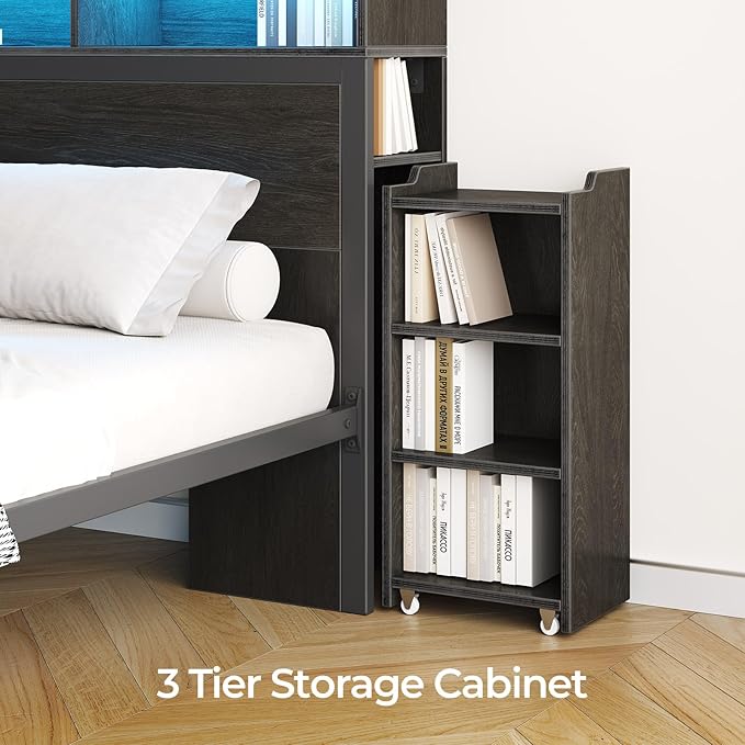 Rolanstar Twin Bed Frame with Bookcase Storage Headboard, Slide Out Bedside Storage, Bed with Charging Station & LED Lights, Heavy Duty Metal Slats, No Box Spring Needed, Noise Free, Black