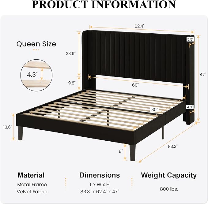 SHA CERLIN Queen Size Velvet Bed Frame with Vertical Channel Tufted Wingback Headboard, Upholstered Platform Bed with Wood Slats, No Box Spring Needed, Easy Assembly, Black