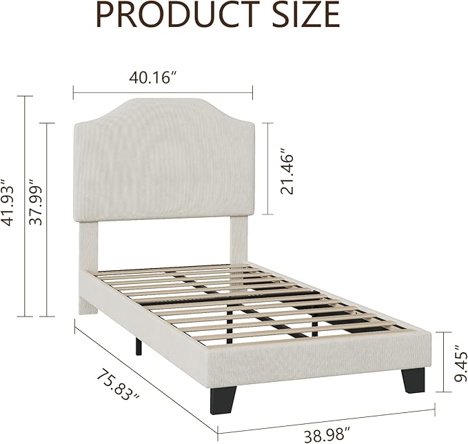 Twin Size Bed Frame, Corduroy Upholstered Platform Bed Frame with Adjustable Headboard, Mattress Foundation, Wooden Slats Support, No Box Spring Needed, Easy Assembly, Beige