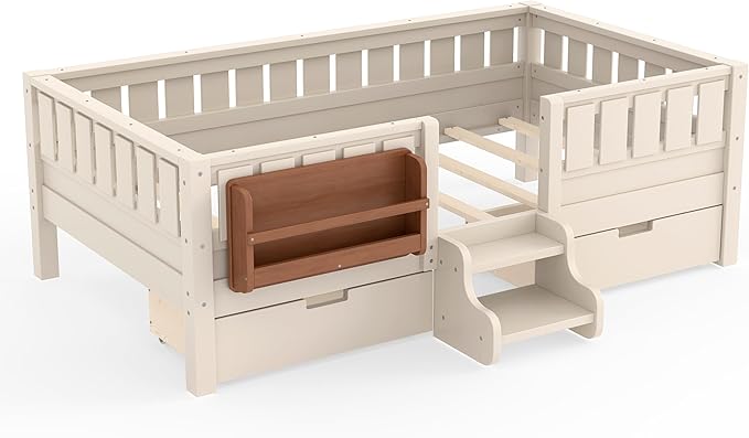 Bellemave Twin Bed with Storage Drawers & Bookshelf, Low Profile Kids Bed Frame with Staircase & Full Length Guardrails, Solid Wood Twin Bed for Kids with Slats Load 300LBS, Easy Assembly, Beige