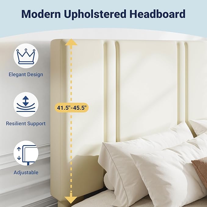 Allewie Queen Platform Bed Frame with Adjustable Headboard, Plush Velvet Upholstered, Vertical Channel Tufted, Sturdy Wooden Slats, No Box Spring Needed, Easy Assembly, Cream