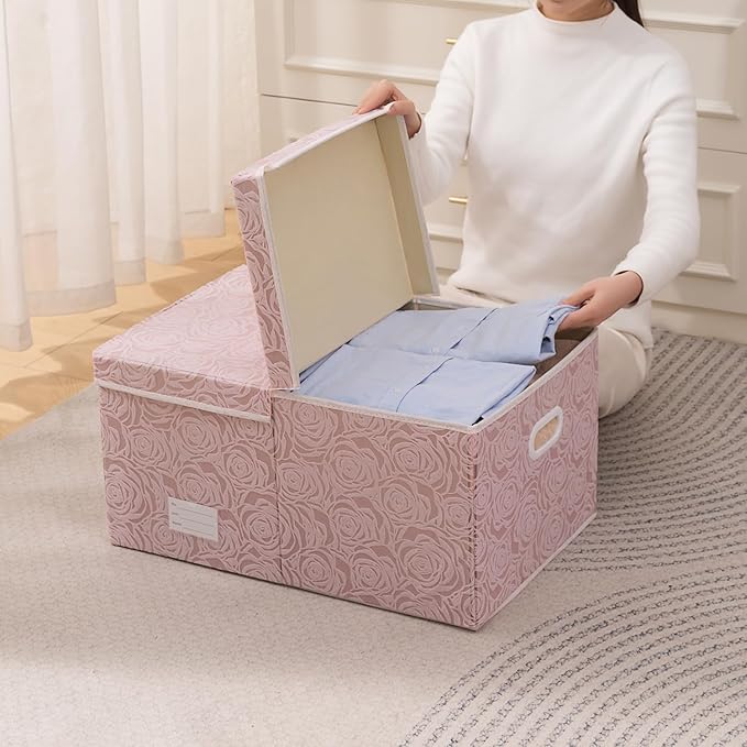 PRANDOM Jumbo Collapsible Storage Boxes with Lids Fabric Decorative Storage Bins Cubes Organizer Baskets with Cover Handles Divider for Bedroom Closet Living Room 23.2x15.7x11.8 Inch 3 Pack