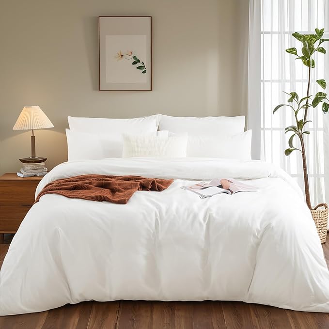 NEXHOME PRO Duvet Cover Set Oversized Queen 98"x98" Linen Look Textured White Organic Natural 100% Washed Cotton Duvet Cover 3 Pieces Bedding Set Zipper Closure, Breathable, Soft (No Comforter)
