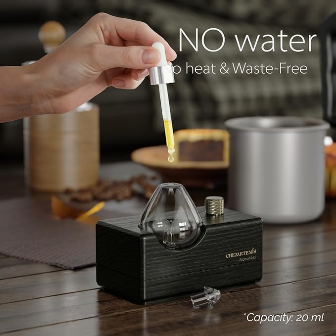 Black Obsidian Waterless Essential Oil Diffuser with Real Wood Base for Aromatherapy, Retro Smoky Glass Oil Diffuser, Cordless Portable Scent Diffuser Machine for Office Yoga Large Room, 2026 Model